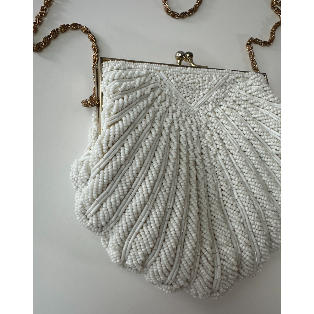 Vintage Walborg Mini Beaded Satin Clamshell Gatsby Purse Gold Color Chain Strap - Picture 4 of 13